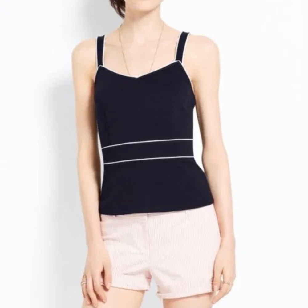 Ann Taylor Tank Top Navy Blue White Piping Business Casual Summer Top